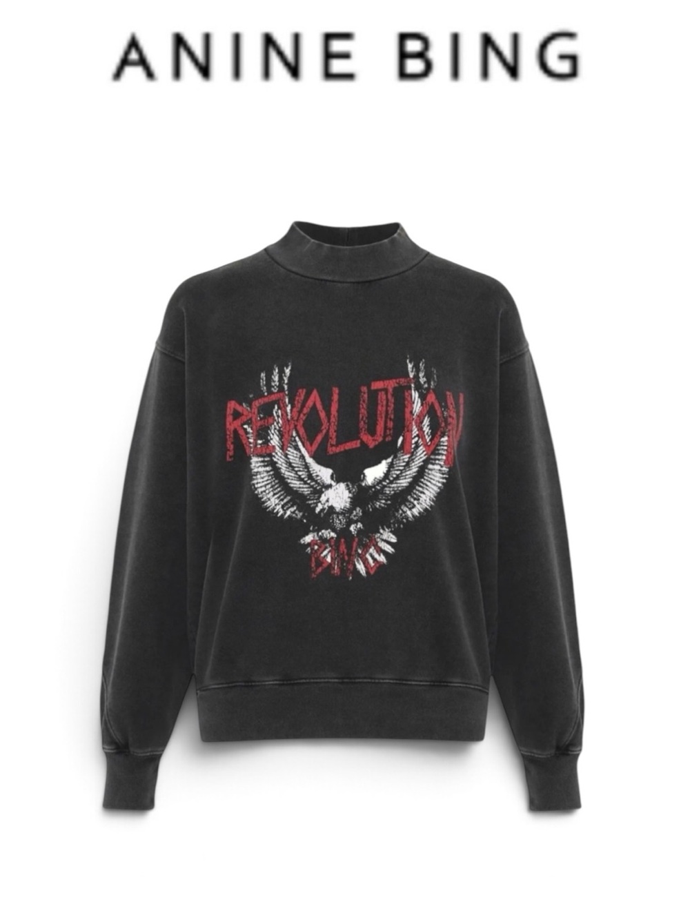 ANINE BING REVOLUTION EAGLE GRAPHIC MOCK NECK SWEATSHIRT WASHED BLACK SIZE XS